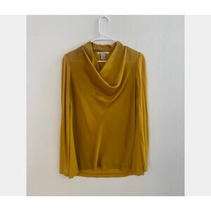 Kenneth Cole Mustard Yellow Silky Satin New York Cowl Neck Blouse M